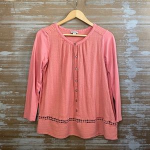 Lucky Brand Coral Eyelet Button Down Blouse Boho Preppy